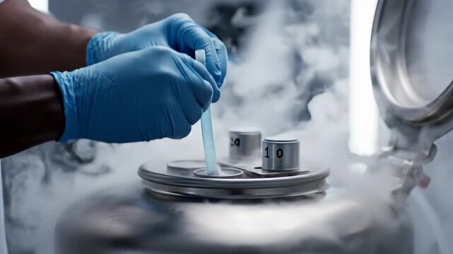 CloseUp Technician Hands Opening Cryogenic Canister, Smoky Nitrogen Cloud Rising As Frozen Samples Are Accessed, Careful Retrieval And Secure Handling In Clinical Storage Environment