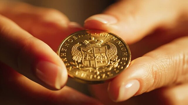 Close Up Of A Woman's Hands Gently Holding A Shiny Gold Coin With Detailed Engravings In Warm Soft Sunlight