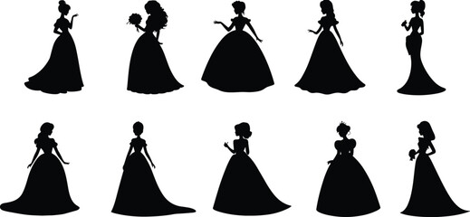 princess, silhouettes, woman, gown, dress, elegant, royal, fairy, character, female, beauty, fashion, isolated, black, figures, collection, queen, lady, fantasy, design © LT studio