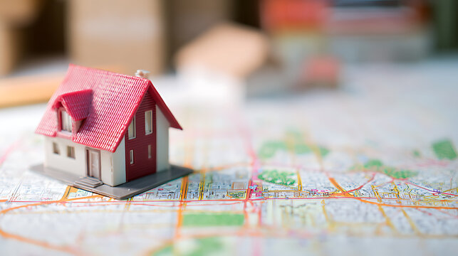 Miniature toy house with red roof sits on a local map, symbolizing home ownership, relocation, real estate, and future planning in a suburban area