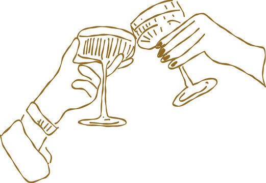 Two hands clinking champagne glasses celebrating a toast with golden outline on black background