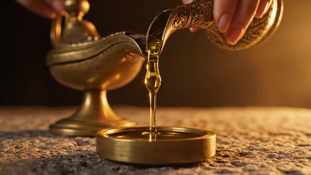 Close up of hands pouring golden oil from an ornate metal pitcher into an ancient brass oil lamp with a warm spotlight illuminating the scene against a dark textured background
