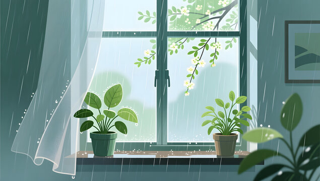 Green plants by the window during spring Rain Water