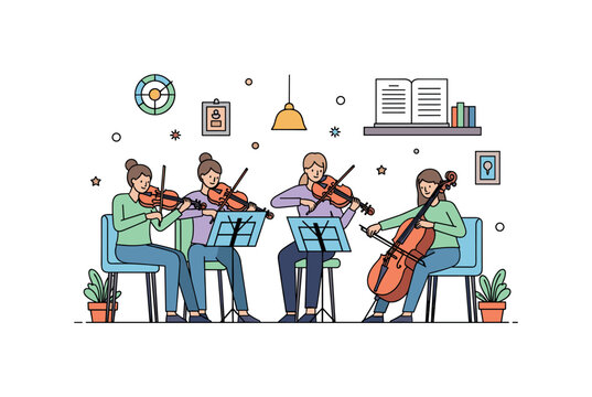 A string quartet rehearsing with violins, viola, and cello in a cozy room, highlighting ensemble coordination, practice, and classical music preparation.