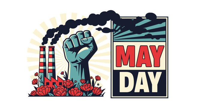 A raised fist stands prominently between two smoking factory chimneys adorned with red flowers and a MAY DAY sign.