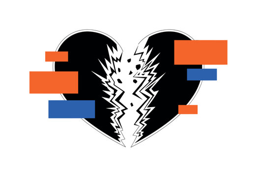 Black and white broken heart split into two halves drifting apart, sharp angular shards transitioning into smooth semicircles as they reconnect in the center,