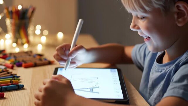 Young boy engrossed in digital learning, using a tablet with a stylus to practice writing letters, surrounded by colorful art supplies and warm ambient lights in a cozy room, enjoying focused study.