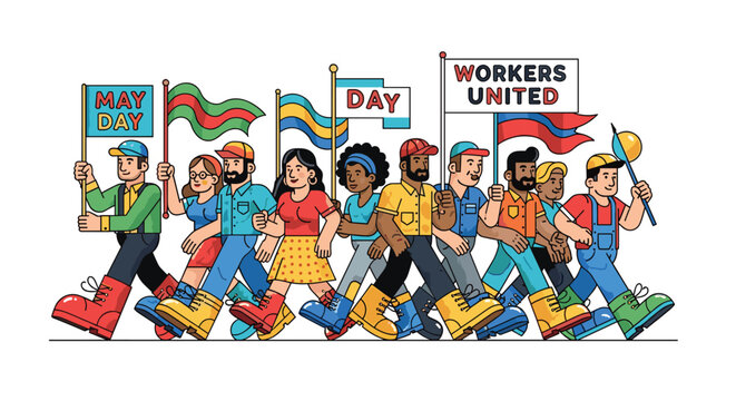 A diverse group of ten people, five men and five women, march together holding May Day and Workers United signs and flags on a plain white background.