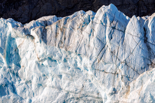Detail of the terminus of the Jaette, or Jatte glacier, in Isfjord, Northeast Greenland National Park. The Greenland ice sheet is the largest ice mass in the Northern hemisphere.
