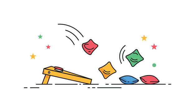 Family lawn competition featuring a small cornhole board and bean bags scattered nearby with subtle motion arcs suggesting a recent throw. The composition