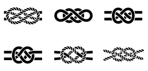Six nautical rope knot vector icons, black and white illustrations showing detailed knot types, perfect for maritime education, sailing projects, nautical-themed designs, and instructional diagrams. © Mizu Ahmed 3