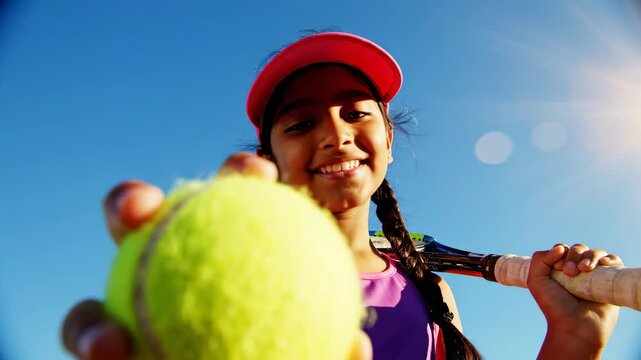 Low angle portrait of a smiling young tennis player holding a racket and showing a ball to the camera under a clear blue sky, enjoying a sunny day of training and practicing her favorite sport