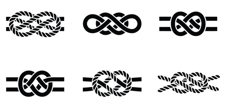 Six nautical rope knot vector icons, black and white illustrations showing detailed knot types, perfect for maritime education, sailing projects, nautical-themed designs, and instructional diagrams.