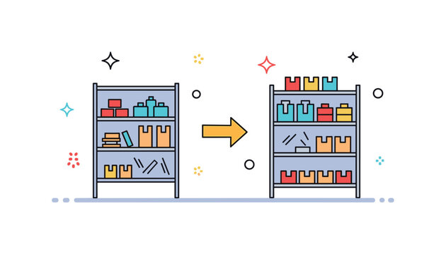 Retail repossession transition scene featuring shelves partially cleared and a small arrow indicating inventory return, expressing operational change and