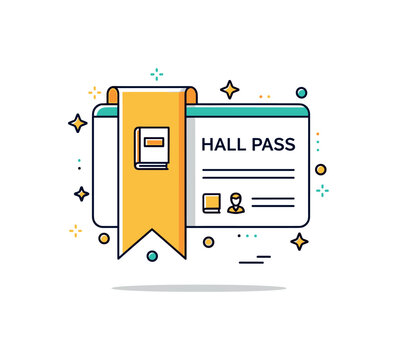 Library hall pass design bookmark-shaped card with a tiny book icon and neat border detail. A compact editorial illustration about quiet study spaces and