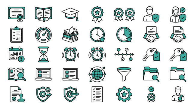 Mobile Learning LMS Icon Set in Linear Style. A collection of education icons, including smartphone, tablet, video, download, course, quiz, feedback, cloud, certificate, data