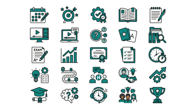 Data Management and Education Icon Set in Linear Style. Collection of linear icons including workflow, cloud storage, video player, progress, security, analytics, exam, and more. Stroke.