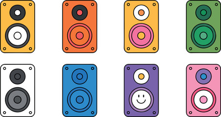 Colorful Speaker and Sound System Icons Set – Flat Cartoon Vector for Music, Audio Apps, and Entertainment Design © Rafad_Studio