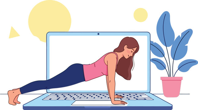 Woman doing plank exercise during online fitness class