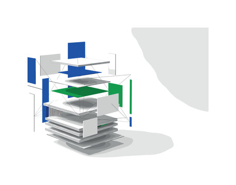 Black and white exploded-view architectural model with components floating in layered formation, abstract geometric lines connecting elements, bold cobalt blue