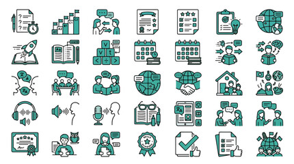 Language Learning Icon Set in Linear Style. A collection of language education linear icons, including translation, grammar, speaking, listening, reading, exam, certificate © Itx Musa