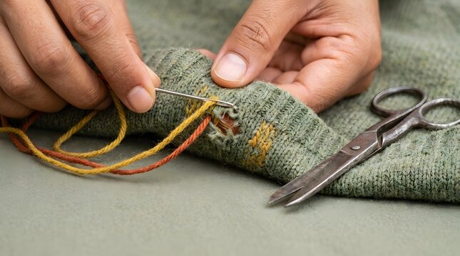 Detailed Close-up of Hands Mending a Green Knitted Sweater with Needle and Thread for Sustainability