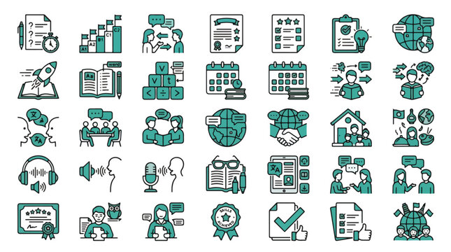 Language Learning Icon Set in Linear Style. A collection of language education linear icons, including translation, grammar, speaking, listening, reading, exam, certificate