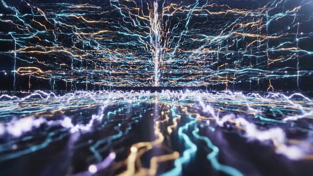 Abstract energy field with light streaks and reflections,data flow visualization,technological and scientific backdrop