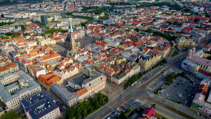 Obraz premium Aerial view of the old town above the city of pilsen in the Czech republic, on a sunny spring day.