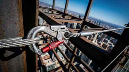 Fototapeta premium Close-up of a safety carabiner and steel cable on a high-rise construction beam, overlooking a city. Represents security, risk management, and industrial safety at great heights.