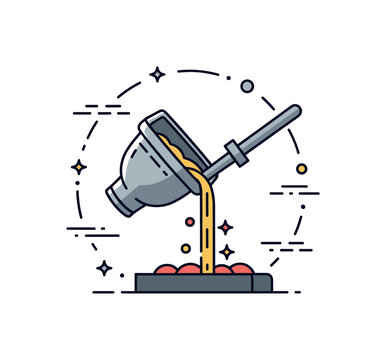 Molten metal pouring scene with a simple crucible tilting and a glowing stream flowing downward, symbolizing transformation, craftsmanship, and heavy industry.