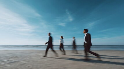 Fototapeta premium Four professionals in business attire walking on a sandy beach by the ocean with a dynamic motion blur effect