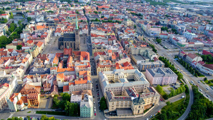 Aerial view of the old town above the city of pilsen in the Czech republic, on a sunny spring day. © Michael