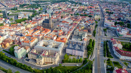 Obraz premium Aerial view of the old town above the city of pilsen in the Czech republic, on a sunny spring day.