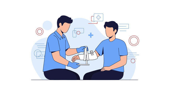 Doctor applying cast on patient's broken arm, medical treatment illustration