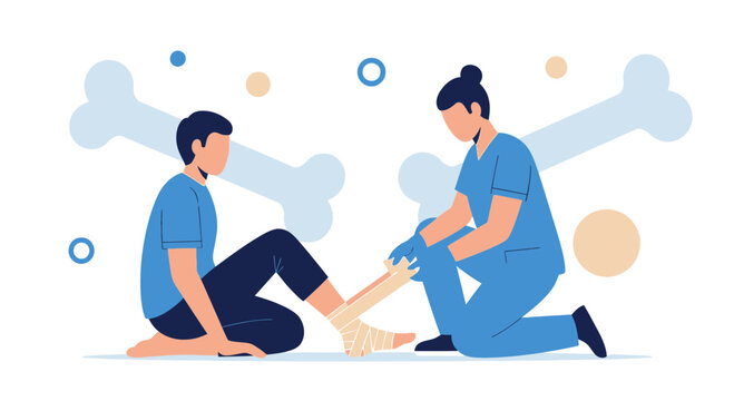 Doctor bandaging injured ankle of patient, rehabilitation and medical care concept