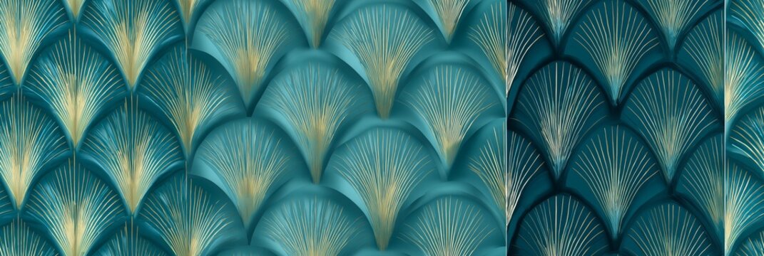 Art Deco seamless pattern with teal and gold fans. Elegant decorative pattern displaying repeating teal fan shapes with delicate golden lines