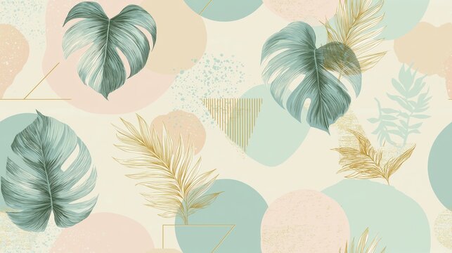 Seamless pattern with tropical monstera leaves and abstract shapes. Tropical monstera leaves creating a seamless pattern with pastel abstract shapes and gold details