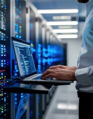 Fototapeta na wymiar Administrator manages servers via command line, highlighting real-time control, monitoring, and secure data center operations.