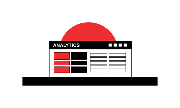 Monochrome analytics dashboard panel simplified into bold blocks and lines, bold red half-circle behind like spotlight on performance, thin horizontal baseline
