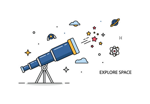 Astronomy study concept centered on a telescope pointed toward a compact star cluster in the sky, expressing observation and scientific curiosity. A subtle