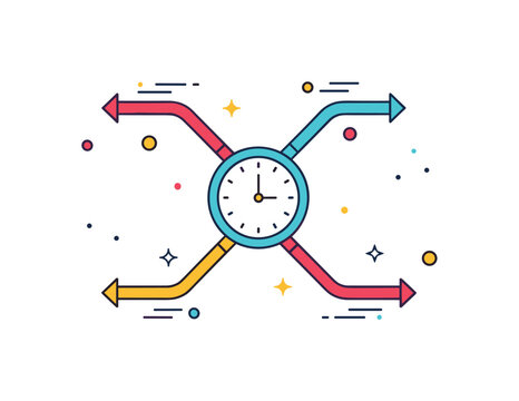 Parallel timeline divergence visualized as two branching paths emerging from a central clock icon, symbolizing alternate realities and split outcomes. The