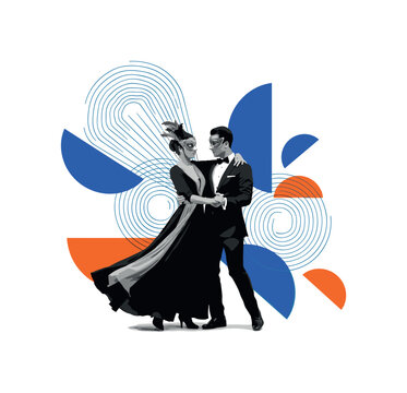 Black and white dancing couple in masquerade masks frozen mid-movement, sweeping semicircles and circular wave patterns around them, cobalt blue and bright