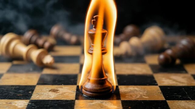 Wooden king chess piece surrounded by flames and smoke on a checkered board, with scattered chess pieces creating a tense atmosphere of conflict