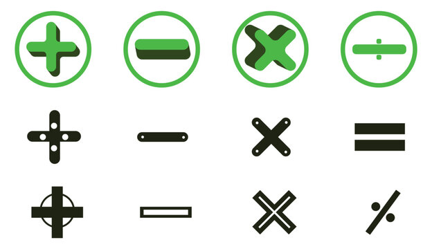 Set of mathematical operation icon collection name: plus, minus, multiplication, division equal and percentage. basic mathematical symbols in cyan green and black colors icon. vector illustration