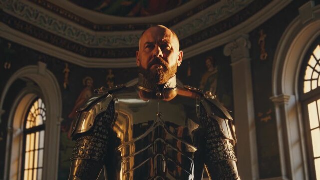 Man knight in golden armor standing. Historic warrior portrait inside chapel. Medieval armor gleams under sunlight. Stoic man faces forward in ornate hall. Lighting highlights chestplate and helmet.