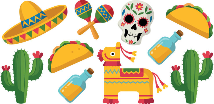Mexican culture icons set, vector illustration of traditional food, sugar skull, cactus, pi&ntilde;ata, and fiesta celebration elements