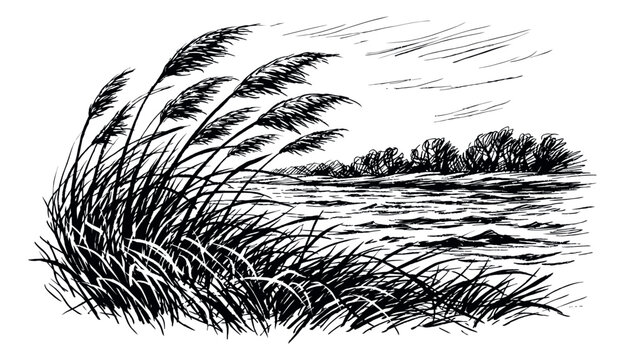 Hand drawn line art illustration of marsh reeds depicting a windy landscape for nature backgrounds