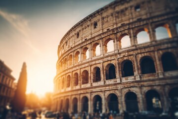Fototapeta premium Ancient stone amphitheater facade illuminated by bright setting sun
