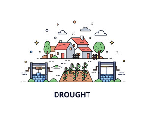Fototapeta premium Drought showing a small village with empty wells and wilted gardens, conveying human impact and daily challenges in arid conditions. Minimalist flat vector